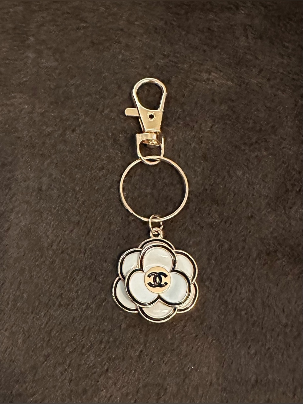 CC zipper Pull Camellia Keychain/Bag Charm with Gold Hardware